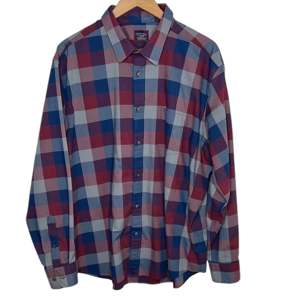 UnTuckit Blue Red Plaid Relaxed Fit Button Up Shirt Men Size XXL